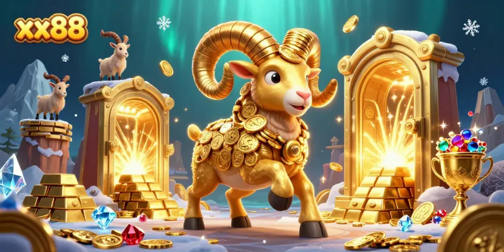 Experience the thrilling xx88 casino action with a golden ram charging through treasures.