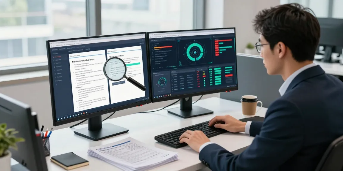 Document fraud detection software in use with data analyst navigating alerts and analytics in a modern office.