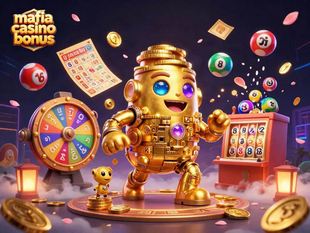 Engage with the thrilling mafia casino bonus illustration featuring vibrant game elements and a captivating golden golem.