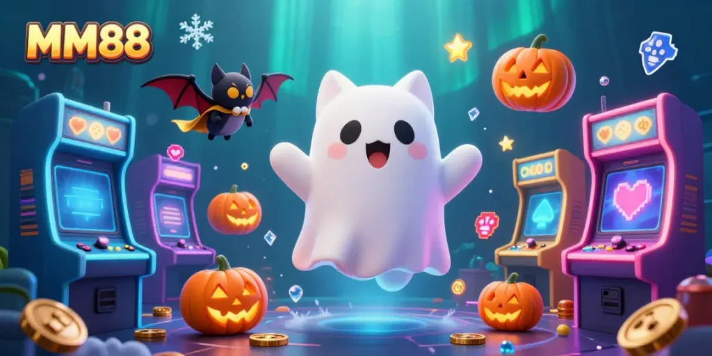 Engage in MM88 thrilling gameplay with a ghost cat and bat in a vibrant casino setting.