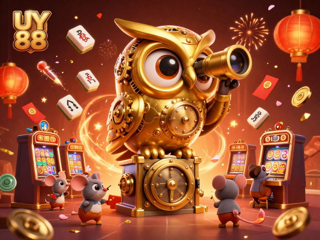 Experience excitement at UY 88 casino with 3D character illustrations amidst vibrant gaming elements.