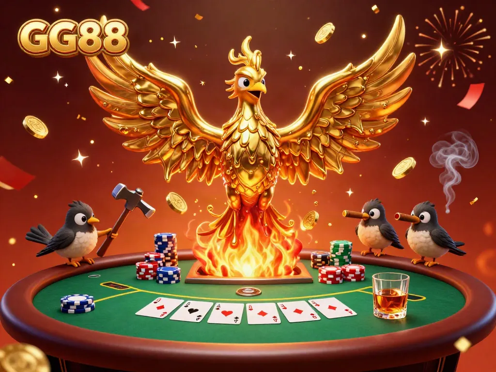 Engage in thrilling gameplay at GG88 with a golden phoenix emerging amidst a vibrant poker scene.