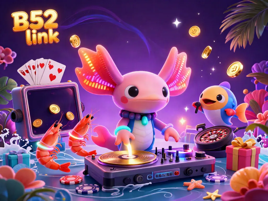 Experience the vibrant B52 link gaming scene with a neon axolotl DJ amid exciting casino elements.