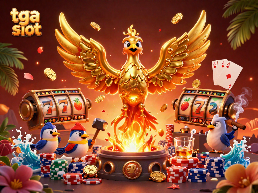 ภาพการเล่นสล็อต tga slot ที่เต็มไปด้วยโฟนิกซ์ทองคำและสัญลักษณ์การเล่นสล็อตมากมาย
