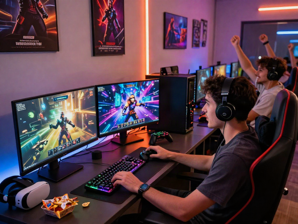 Engaging gaming studio with gamer playing popular porn games surrounded by vibrant decor.