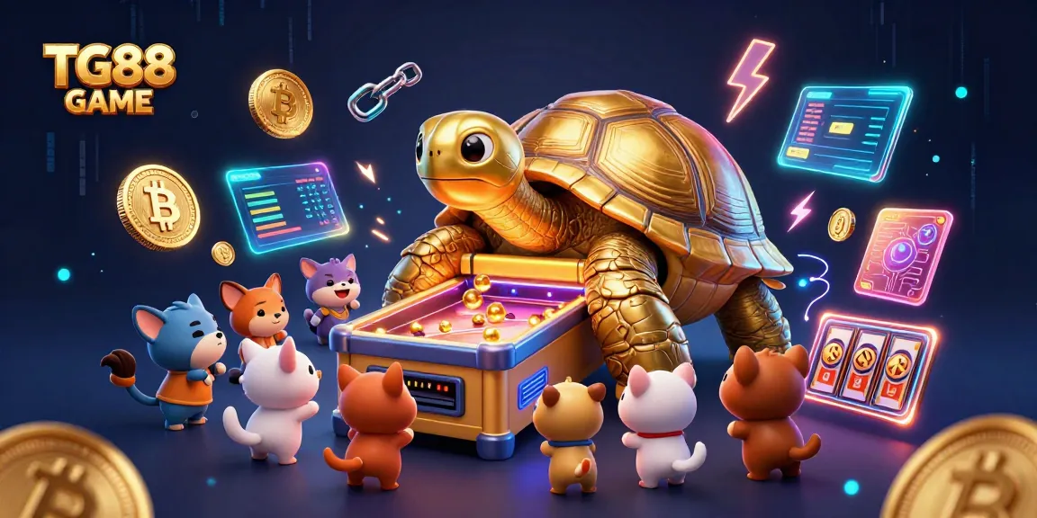 Experience the excitement of TG88 GAME with a golden tortoise pinball machine and vibrant gaming elements.